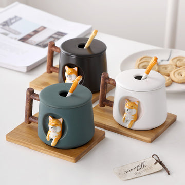 Beginnen Sie Ihren Tag mit einem Lächeln: Entzückendes Shiba Inu-Kaffeetasse-, Deckel- und Löffel-Set