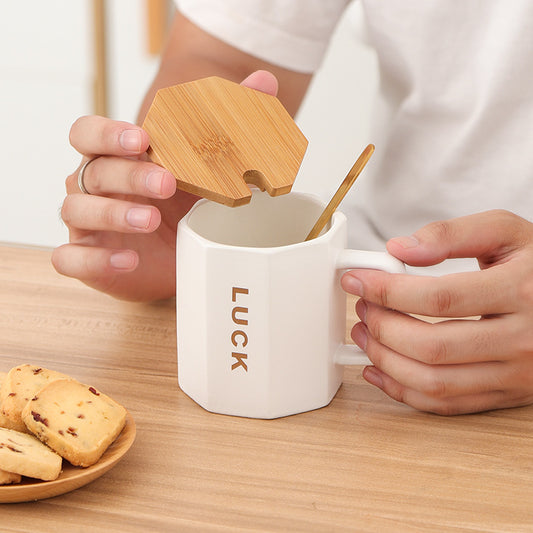 Brighten Your Day: 'Happy, Hello, Luck, Good' Ceramic Mug with Lid - A Daily Dose of Positivity