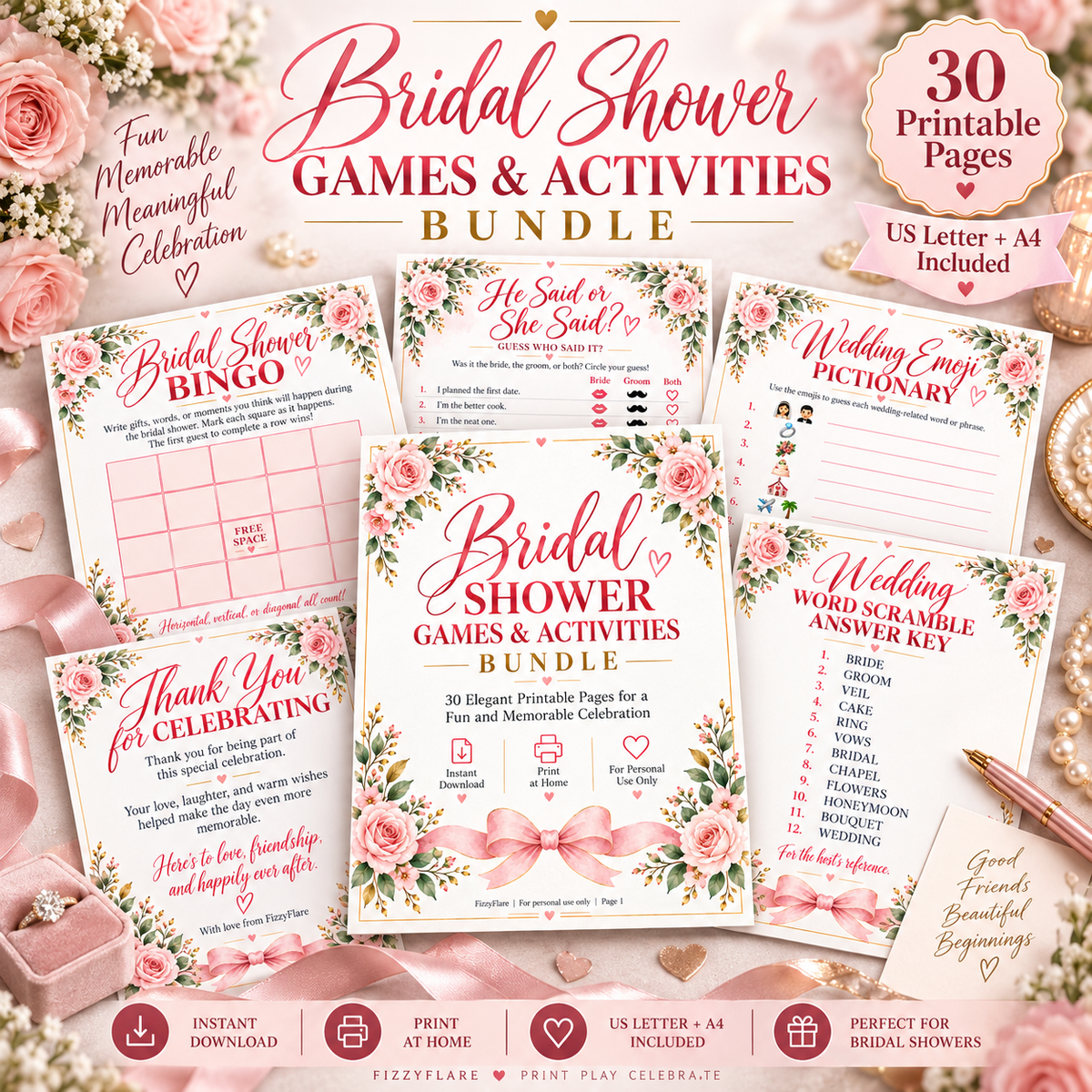 Elegant bridal shower games and activities printable bundle mockup with blush floral design