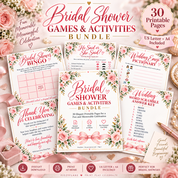 Elegant bridal shower games and activities printable bundle mockup with blush floral design