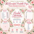 Bridal shower printable bundle overview showing games, keepsakes and answer keys