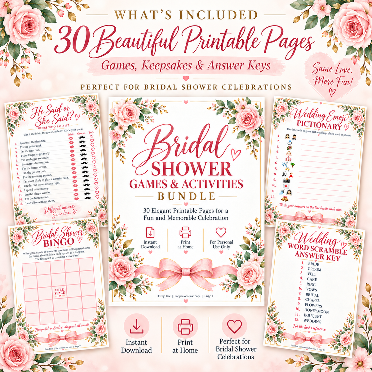 Bridal shower printable bundle overview showing games, keepsakes and answer keys