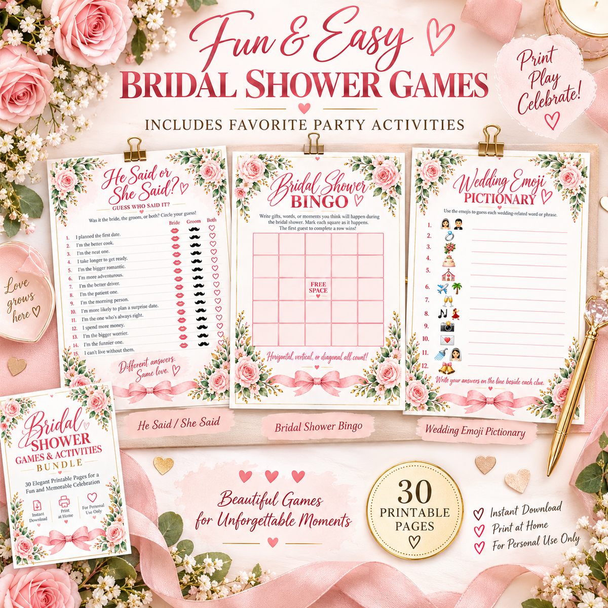 Romantic blush floral bridal shower games printable bundle preview