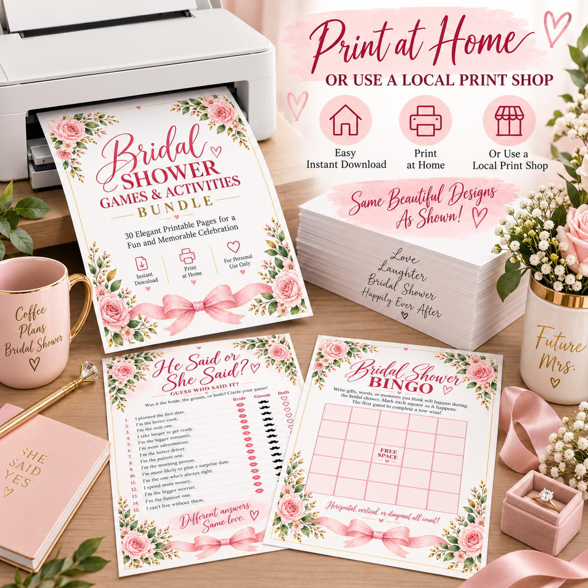 Print at home bridal shower games bundle mockup with elegant blush floral printable pages