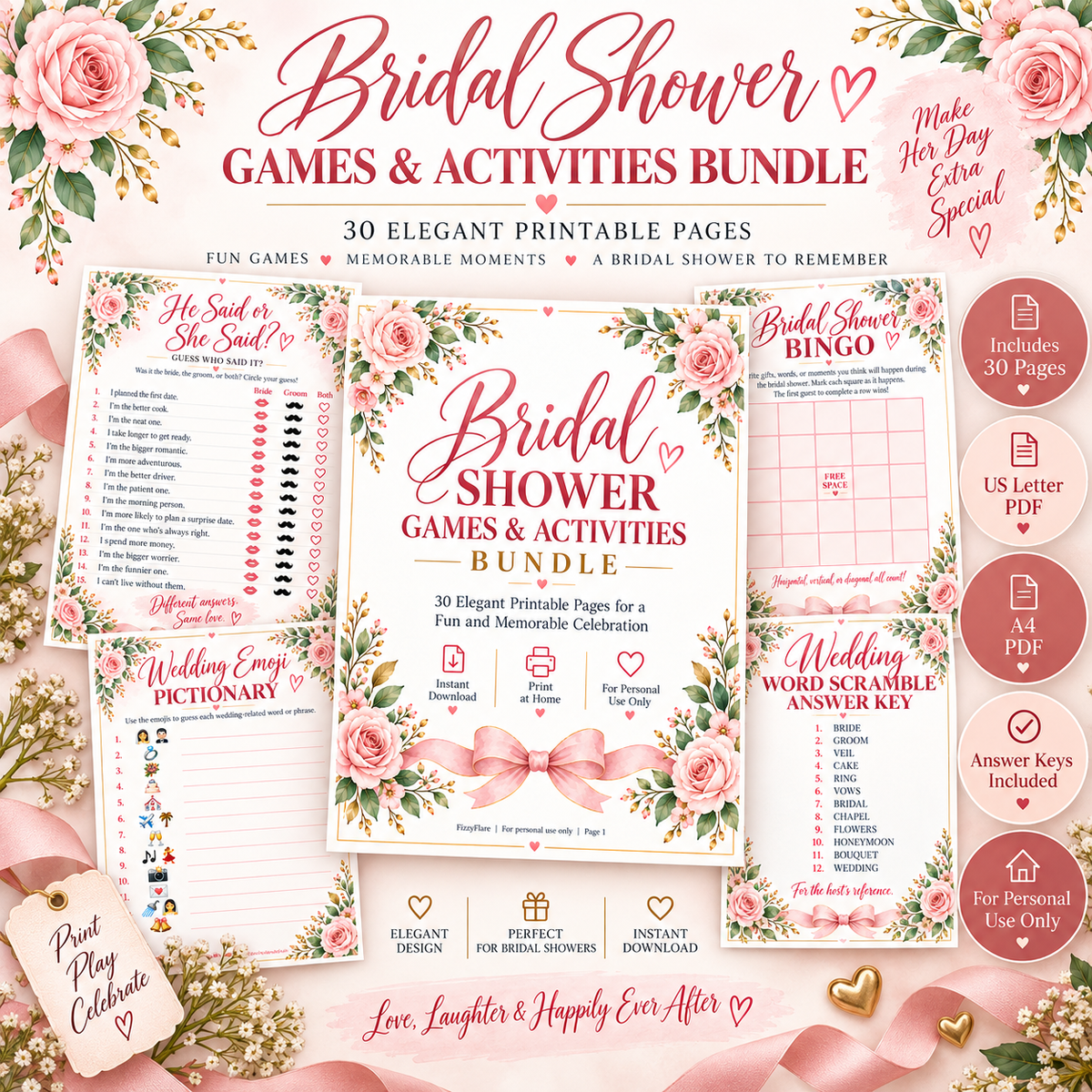 What's included in the bridal shower games printable bundle with 30 pages, US Letter, A4 and answer keys